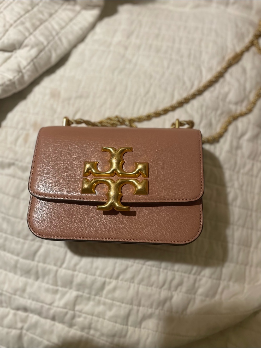 Tory Burch Eleanor Pink Leather Crossbody Bag with Gold Emblem and Chain Strap